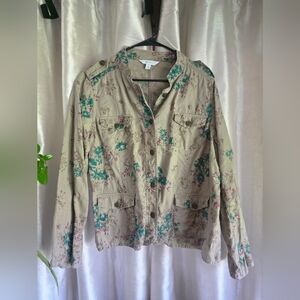 Relativity Beige Button-Front Floral Utility Shirt with Teal & Mauve Print